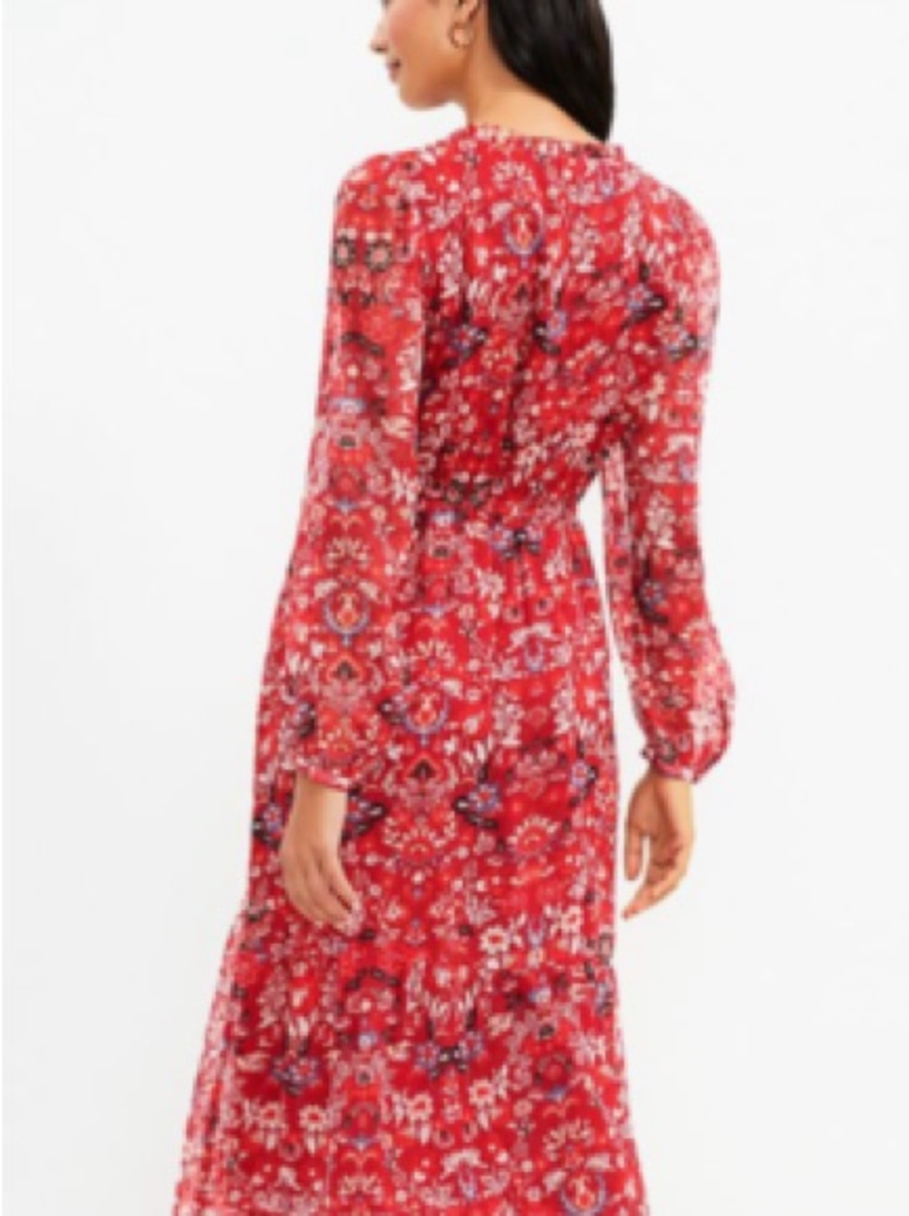LOFT Red Floral Midi Dress with V-Neck and Tie Waist
